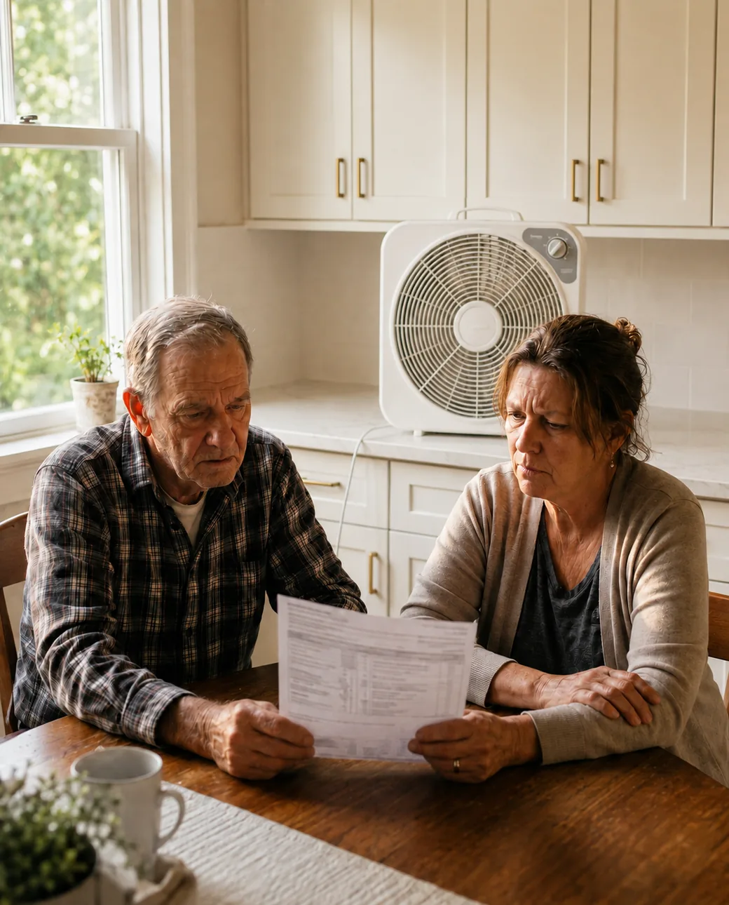 An East Texas couple reviewing an HVAC replacement quote at their kitchen table