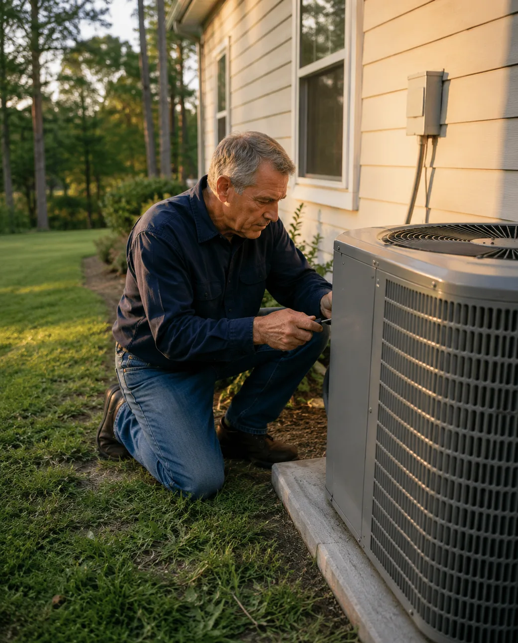 A Doug's Air technician diagnosing an outdoor AC condenser at an East Texas home