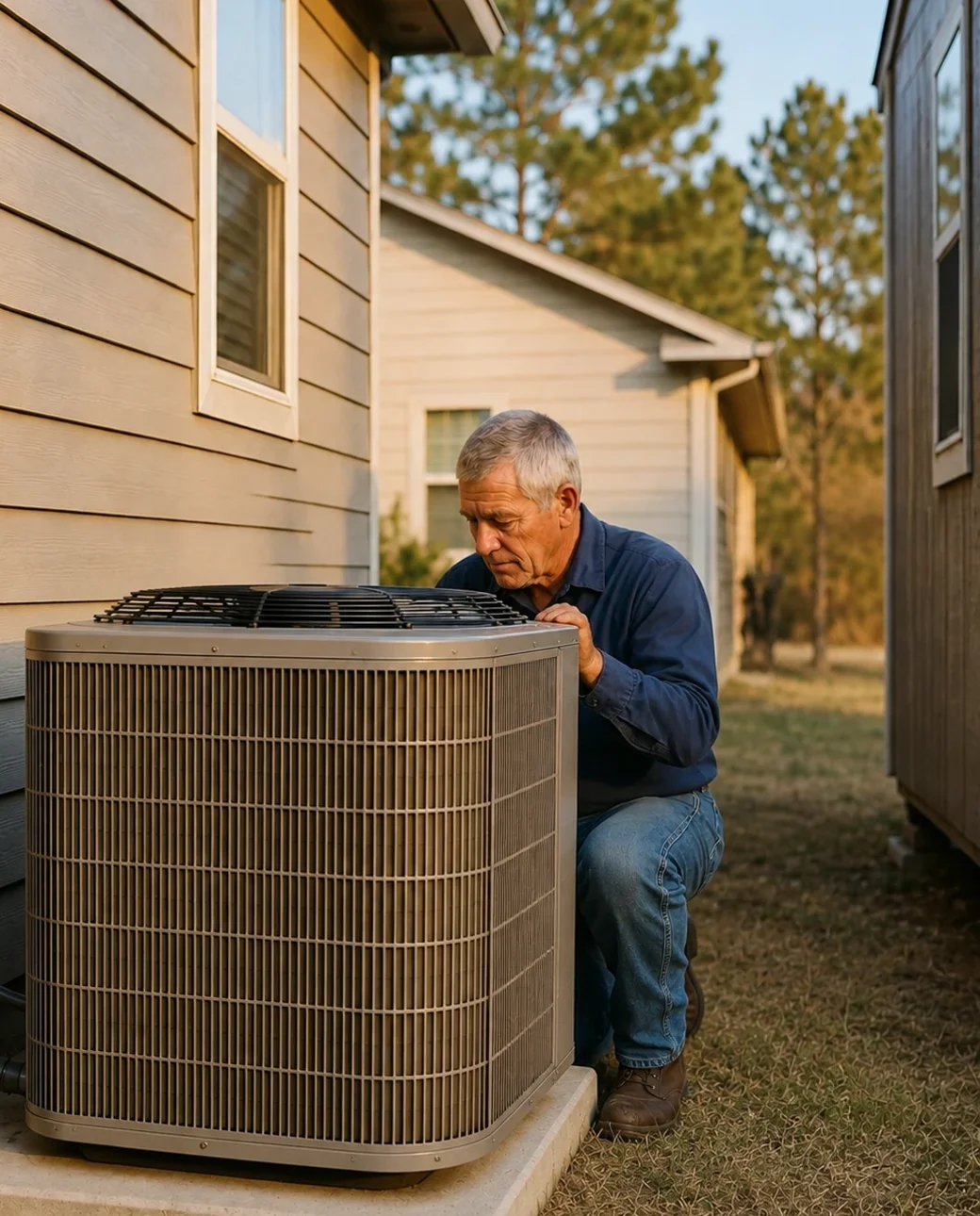 A Doug's Air technician servicing an outdoor heat pump system at an East Texas home