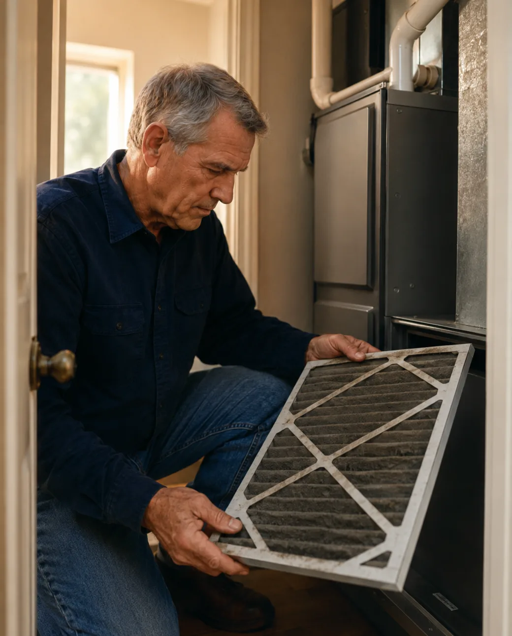 A Doug's Air technician changing a furnace filter during a maintenance tune-up