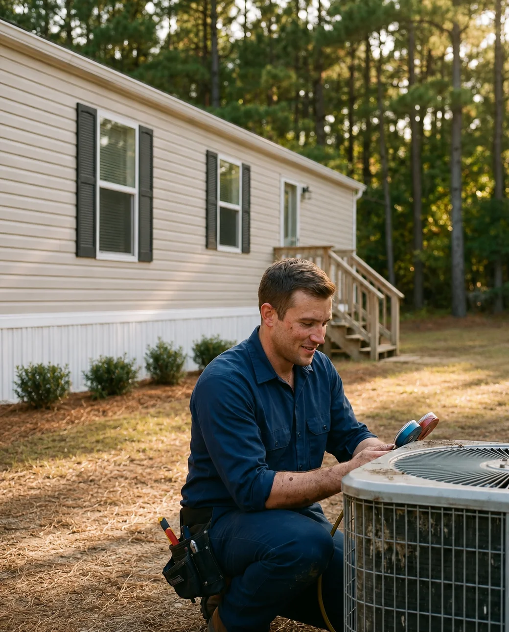 A Doug's Air technician servicing an HVAC condenser beside a mobile home in East Texas