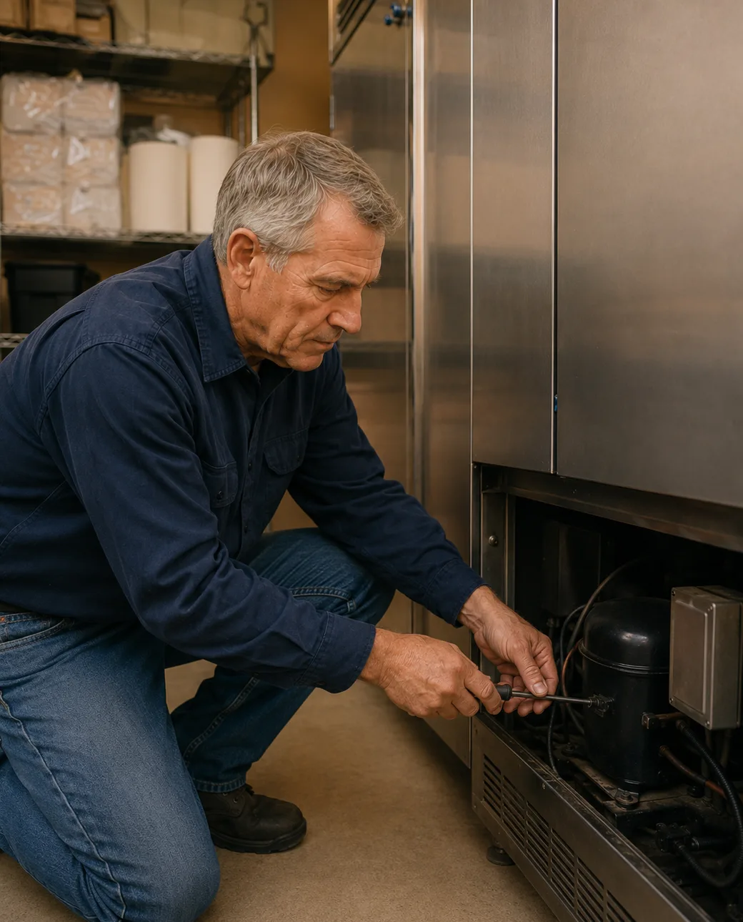 A Doug's Air technician servicing a commercial refrigeration cooler in a back room