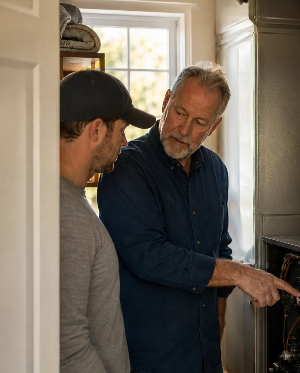 A Doug's Air technician showing a homeowner what he found inside their furnace during a second opinion