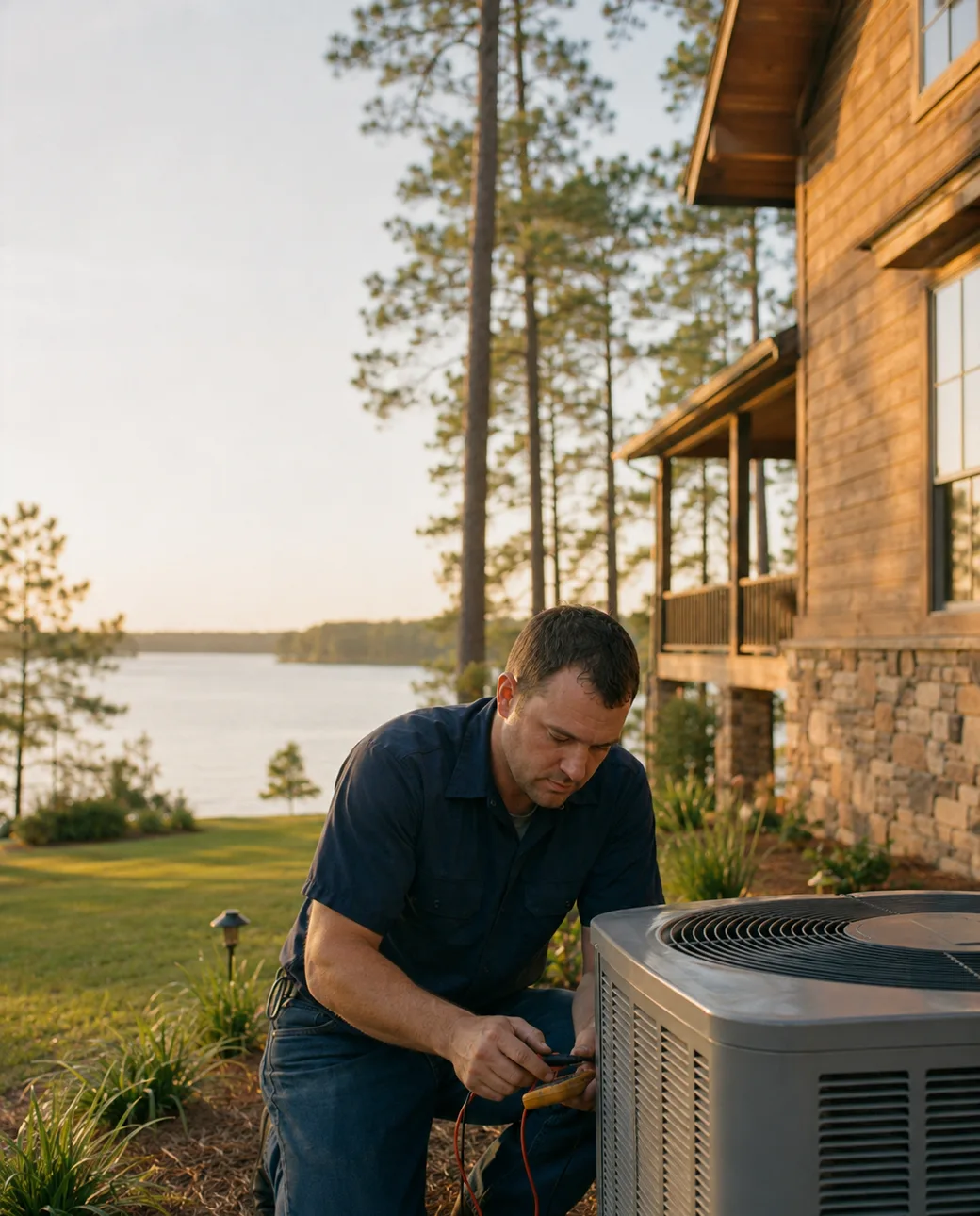 A Doug's Air technician servicing an outdoor AC unit at a Toledo Bend lake home in golden evening light